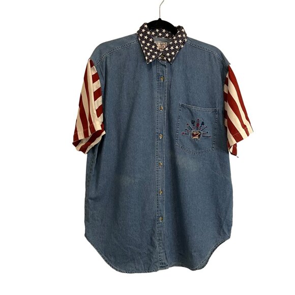 Vintage Tops - Quizz Again Shirt America 4th July Button USA Teddy Embroidered Vintage Y2K Sz L